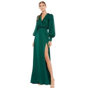 Mac Duggal NEW Size 14 Emerald Green Bishop Sleeve Faux Wrap Gown Style 49146